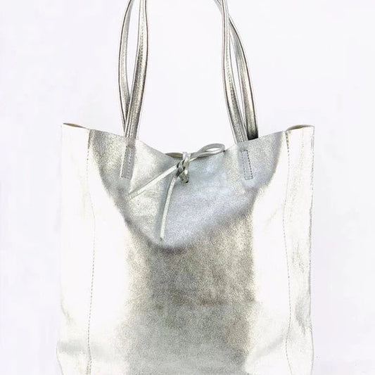 silver tote with tie to close, handmade real leather