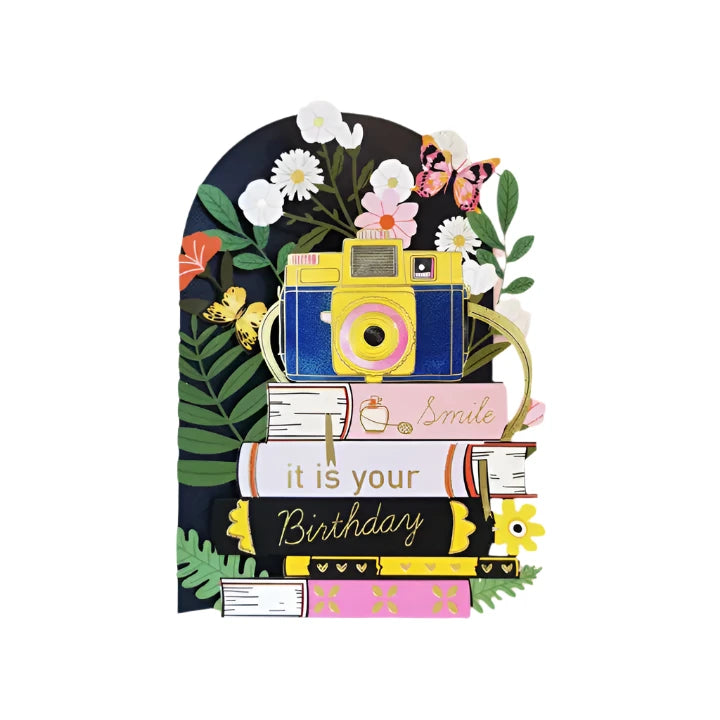 birthday card with camera theme and books