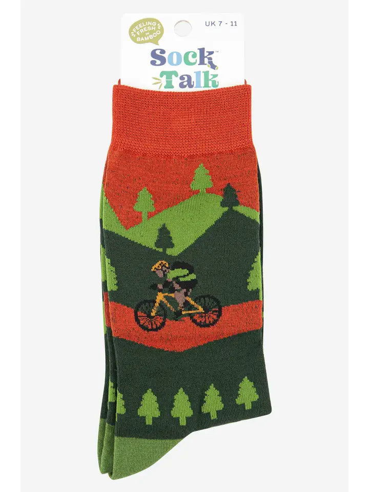 Bamboo socks for men depicting a mountain biker cycling the mountains   A lovely gift for the biker in your life  A perfect accessory