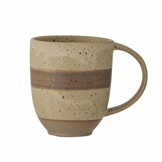 Beige ceramic mug with a brown stripe on a white background