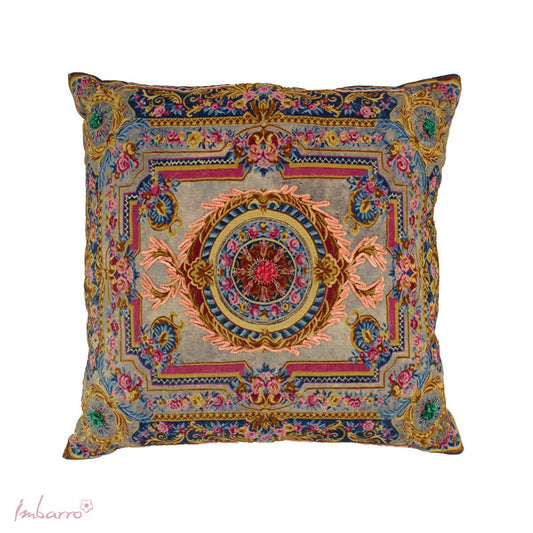 square cushion with embroidered motifs and sparkling threads