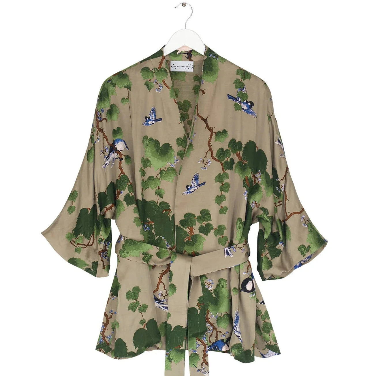 kimono style wrap jacket with branch and bird motif made by one hundred stars