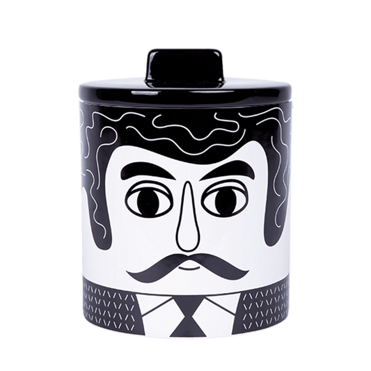 Black and white storage jar with the face of the Mexican man Carlos.