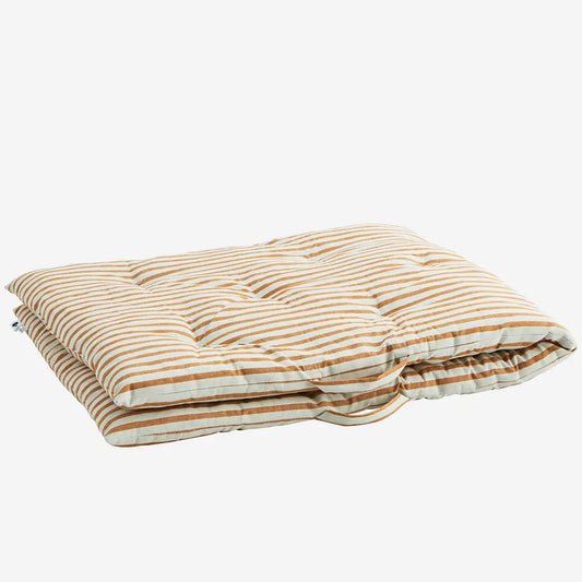 a retro looking mattress pad suitable for a long bench or on a chair. It measures 100cm x 60cm and has mustard and off white stripes reminiscent of mattress ticking fabric