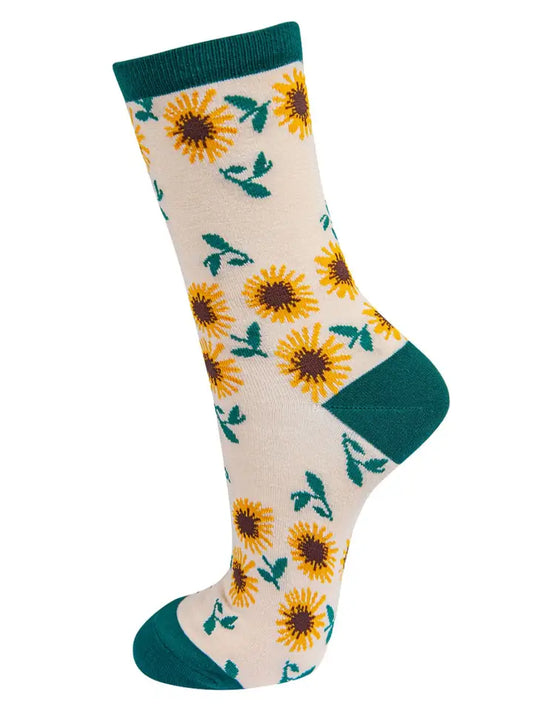 Bamboo ladies sock depicting sunflowers on a cream background