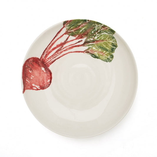 A ceramic supper bowl with a hand-painted design of a beetroot on the side, on a white background.