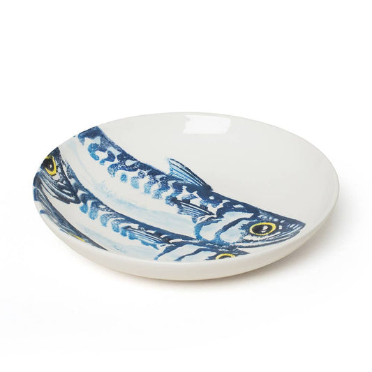 Ceramic dish with blue mackerel design hand painted on a white background