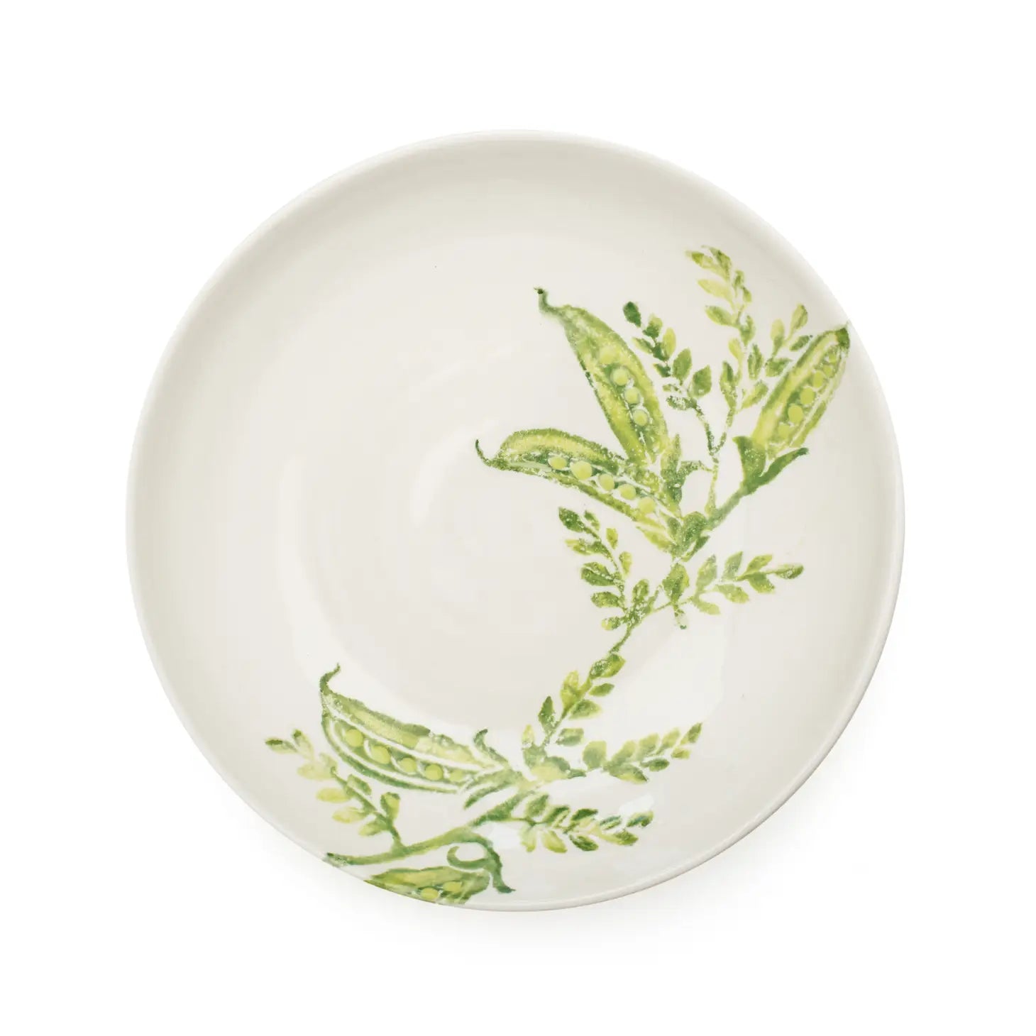 pasta or salad bowl in white ceramic with hand painted peas in pods