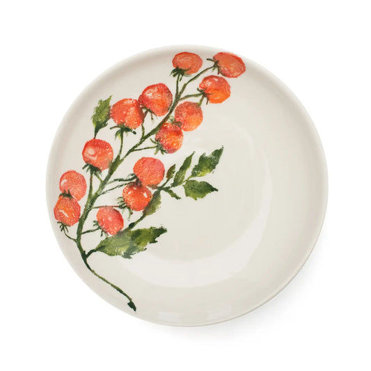 Supper bowl / pasta bowl featuring cherry tomatoes on the vine on a white background