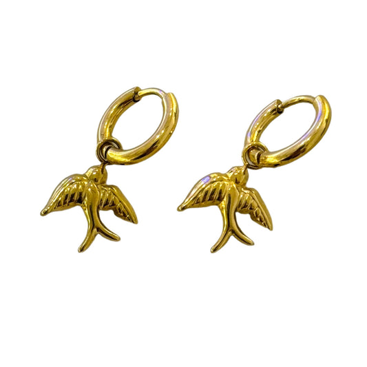 gold coloured pendant swallow earrings on hoop