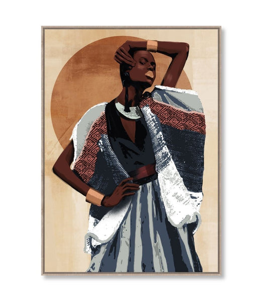 A striking image of an african woman in textured fabric clothing  against a large sun which has elements of gold leaf which catch the light