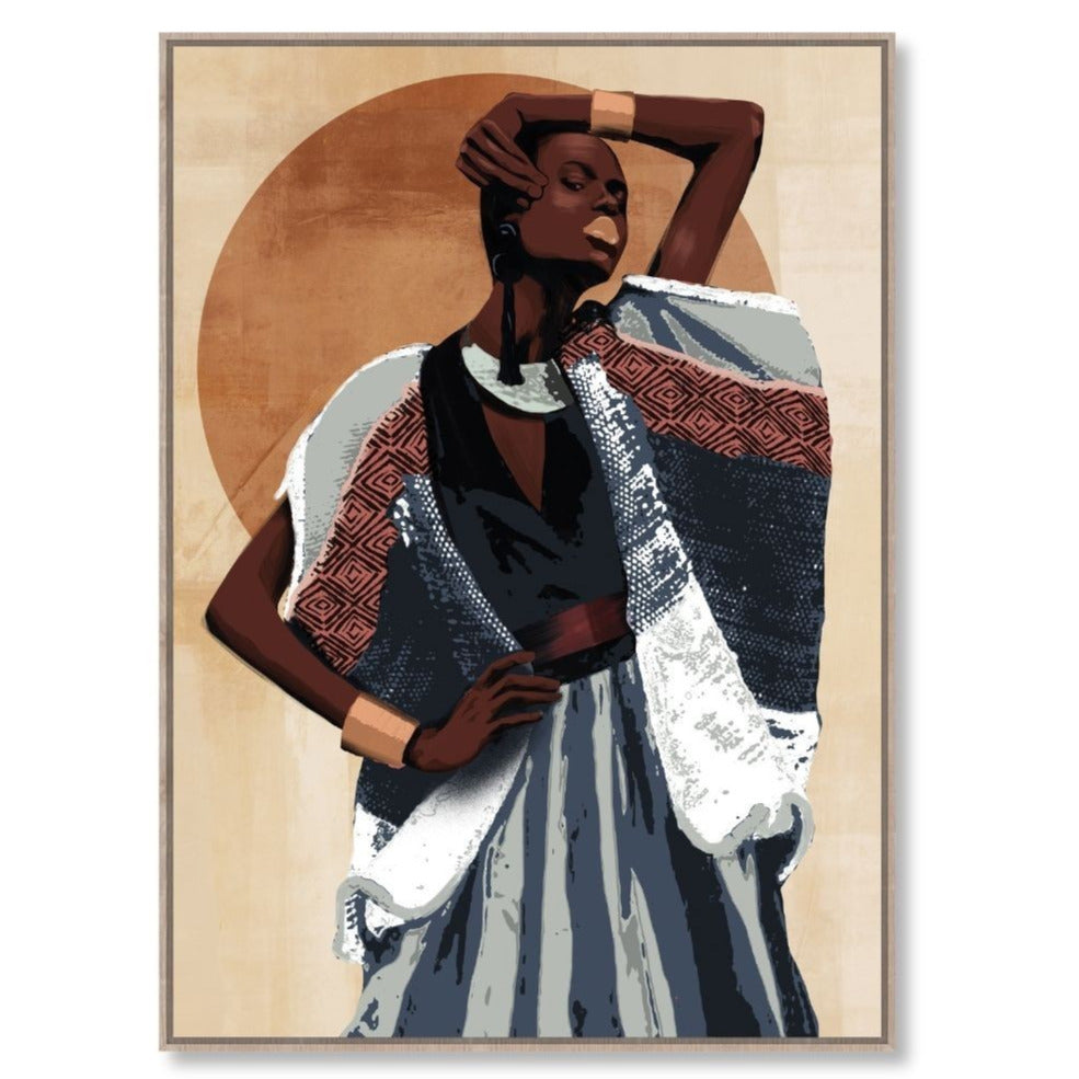 A striking image of an african woman in textured fabric clothing  against a large sun which has elements of gold leaf which catch the light