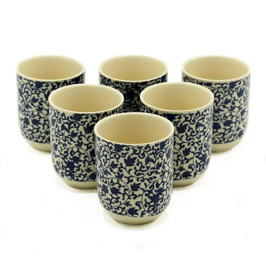 Small handleless tea cups with a blue background and daisy design.

Ceramic

Weight: 90.7g