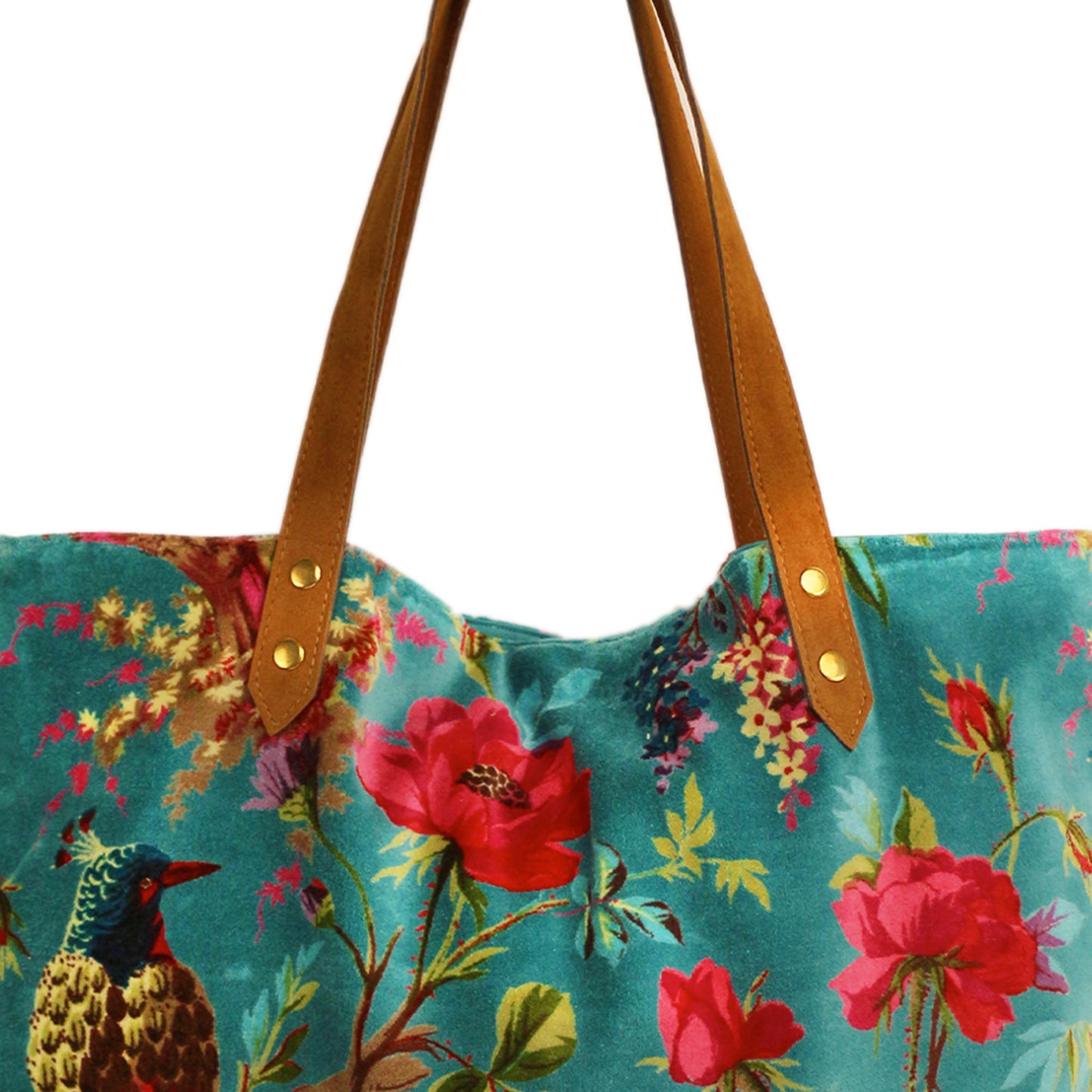 The Paradise shopper in teal with a botanical/bird scene is perfect for a day out on the town.