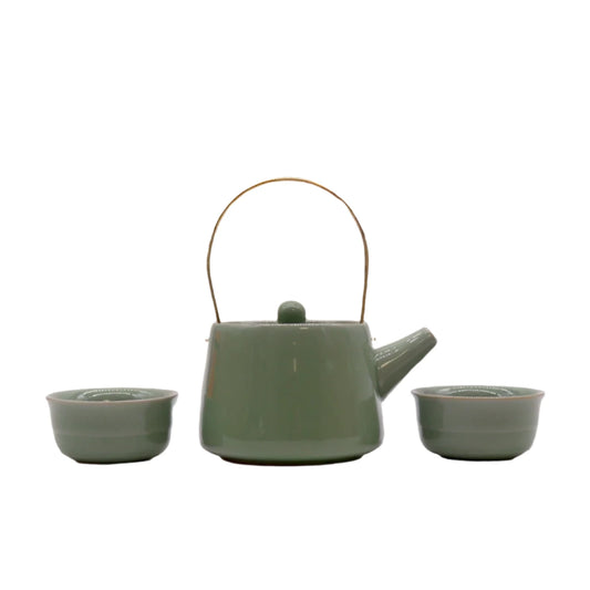 teapot with handle and two cups no handles pale green