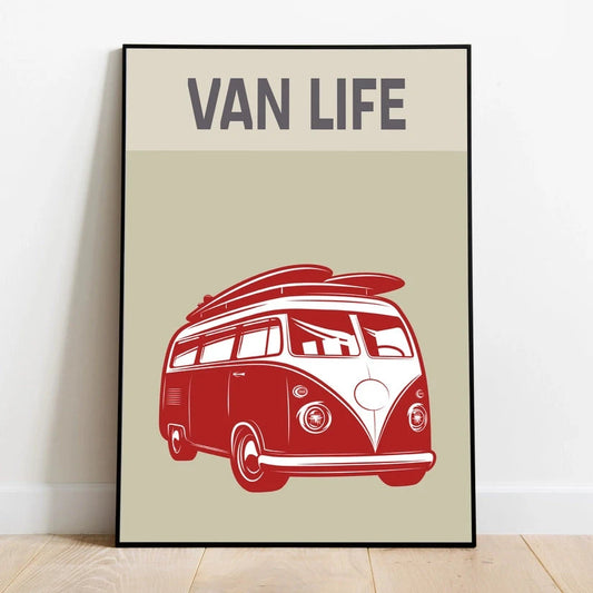 Poster Red Vw Campervan, Surfer Van Life, Camping Travel Poster - unframed