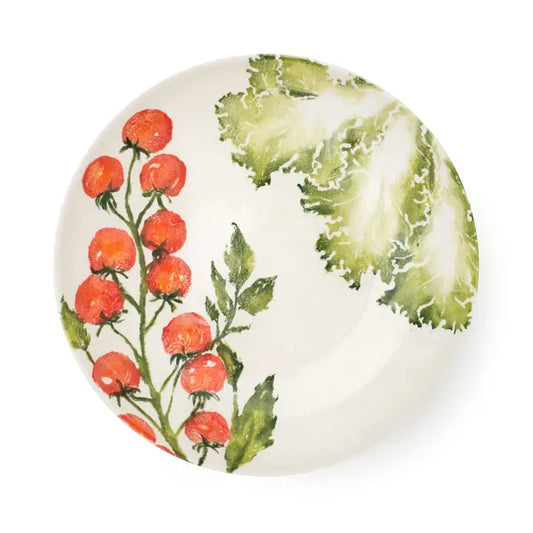 a gorgeous 34 cm diameter serving bowl in white featuring vine tomatoes and juicy crisp lettuce