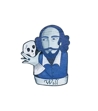 wooden pin of william shakespeare in blue and white