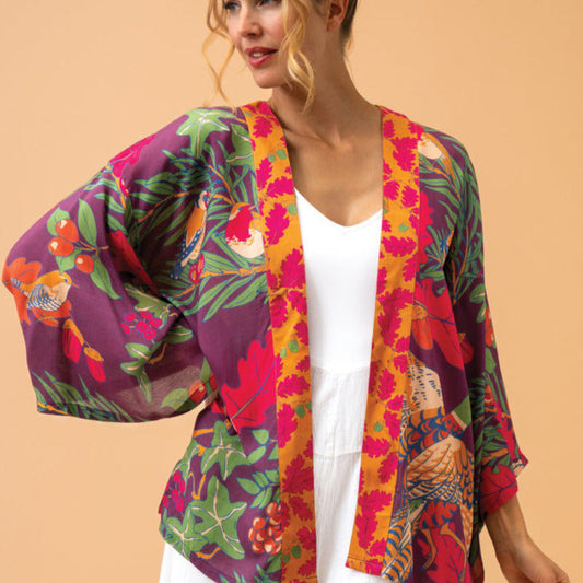 A rich colourful kimono with Damson, mustard and rich pinks and oranges